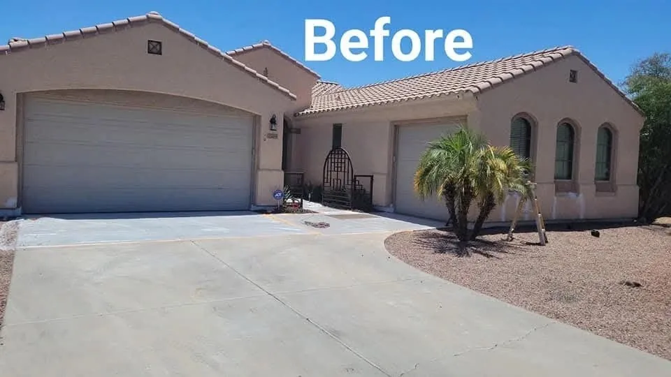 Peoria, Arizona home exterior before repainting, with faded tan stucco and worn trim